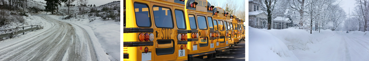 snow on road, school buses lined up, snow in a backyard